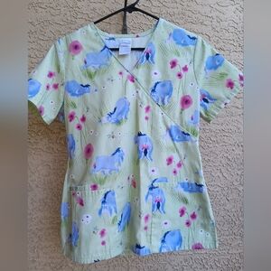 Eyore Disney Light green Scrub Top blouse X Small pink flowers Extra Small